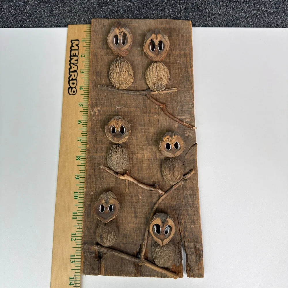 Vintage Owl Wall Hanging Folk Art Rustic Wood Black Walnut Shell Woodland Decor